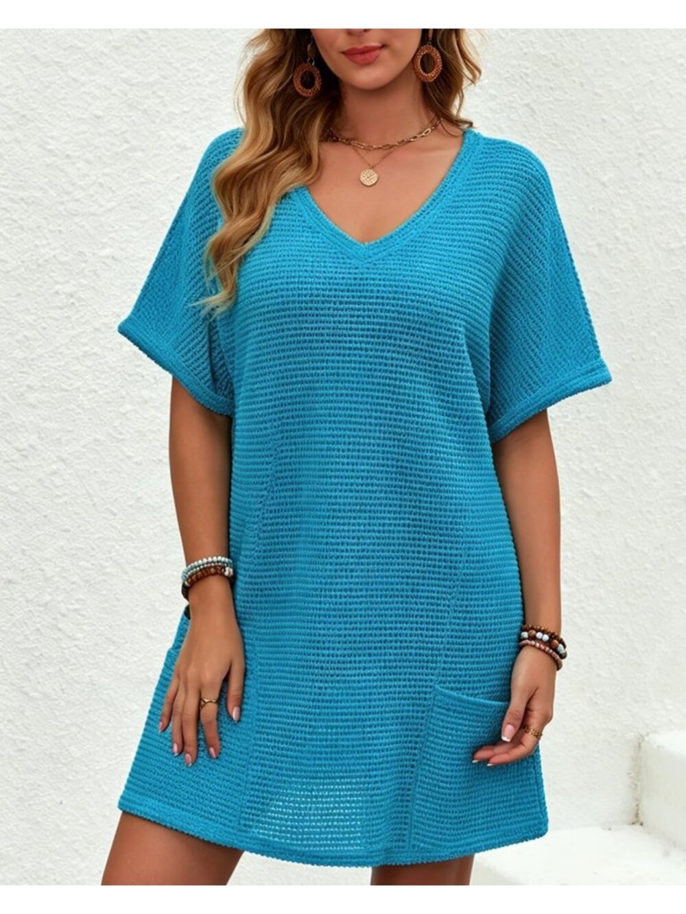 Women's Blue Polyester V Neck Coverup Swimwear Bathing Suit Crochet Cover Up - Picture 2 of 6